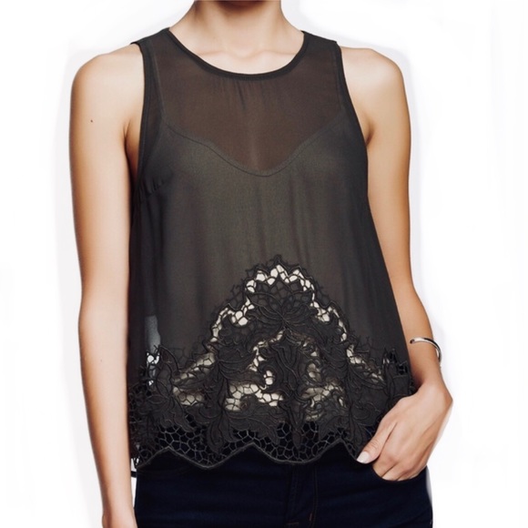 Astr Tops - ASTR forest green crochet trim sheer overlay top